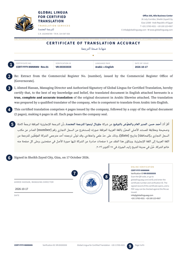 The certificate of translation accuracy issued by Global Lingua, with the fields that carry a client's details shown in square brackets